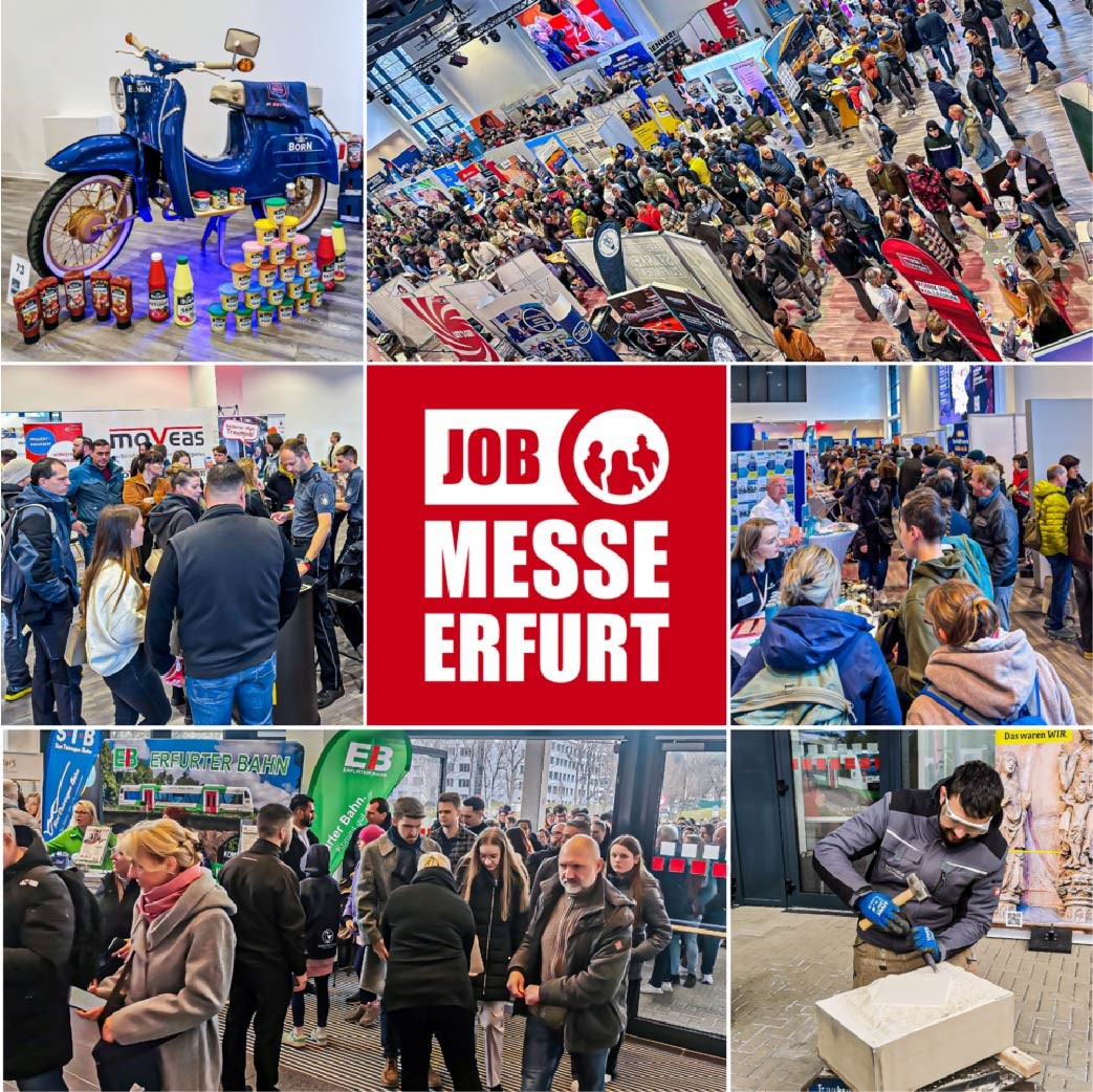 Collage mit mehreren Fotos von einer Jobmesse in Erfurt, darunter Menschenmengen an St&auml;nden, ein blauer Motorroller mit Produkten, ein Handwerker bei der Arbeit und das Logo der Jobmesse Erfurt in der Mitte