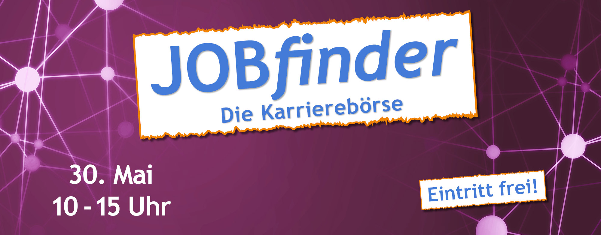 Webseiten Banner mit Veranstaltungsankündigung für die JOBfinder Karrierebörse am 30. Mai 2026 im Parksaal des Steigerwaldstadion