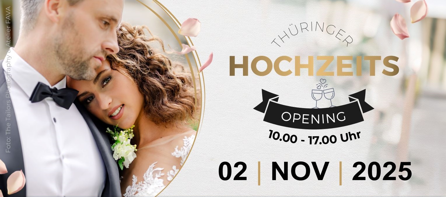 Webseiten Banner mit  Veranstaltungsankündigung Thüringer Hochzeitsopening  am 02. November 2025 im Parksaal. Darunter befindet sich der Link zum Kauf von Tickets