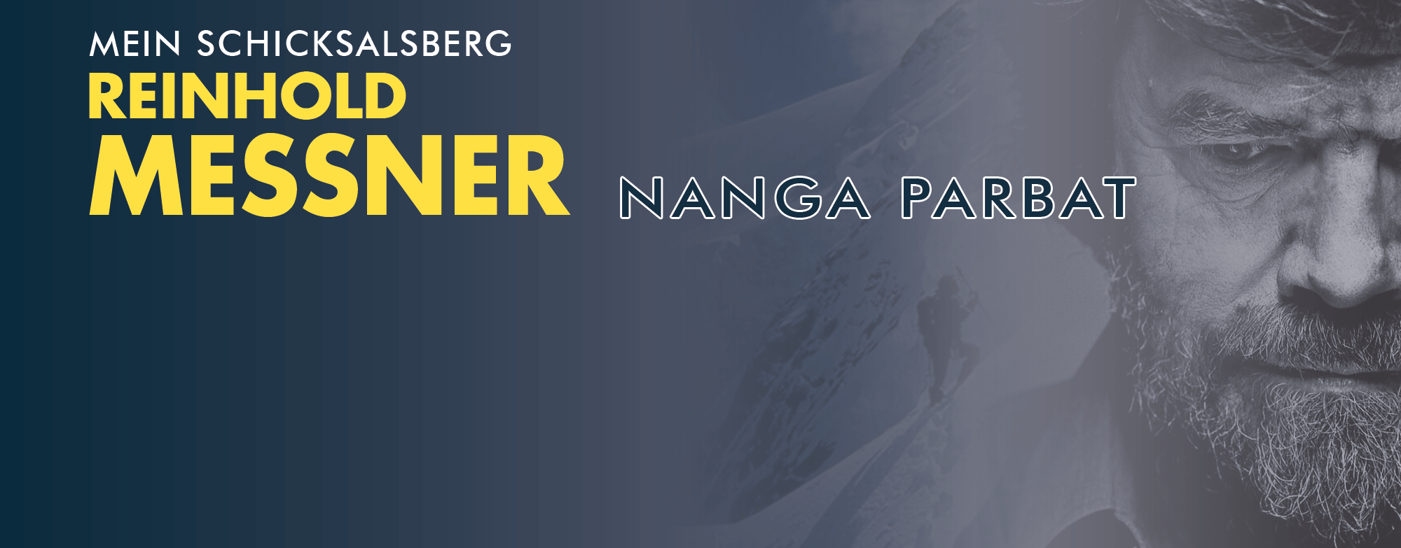 Webseiten Banner mit Veranstaltungsank&uuml;ndigung des Live-Vortrags "Mein Schicksalsberg" von Reinhold Messner am 1. April 2026 im Parksaal des Steigerwaldstadion Erfurt. Darunter befindet sich der Link f&uuml;r den Ticketkauf.