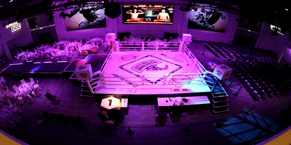 Boxring in einem Veranstaltungssaal mit Tischen und St&uuml;hlen links und rechts, beleuchtet in violettem Licht