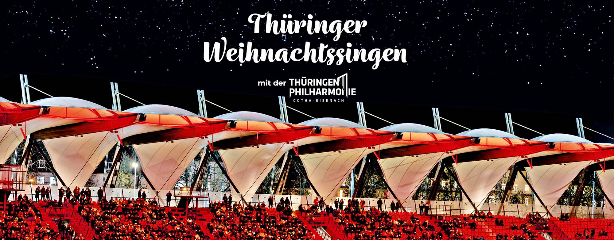 Webseiten Banner mit Veranstaltung Ankündigung des Thüringer Weihnachtssingensam 5. Dezember 2025 im Steigerwald Stadion mit der Thüringen, Philharmonie Gotha Eisenach. Darunter befindet sich der Link zum Kauf von Ticket. 