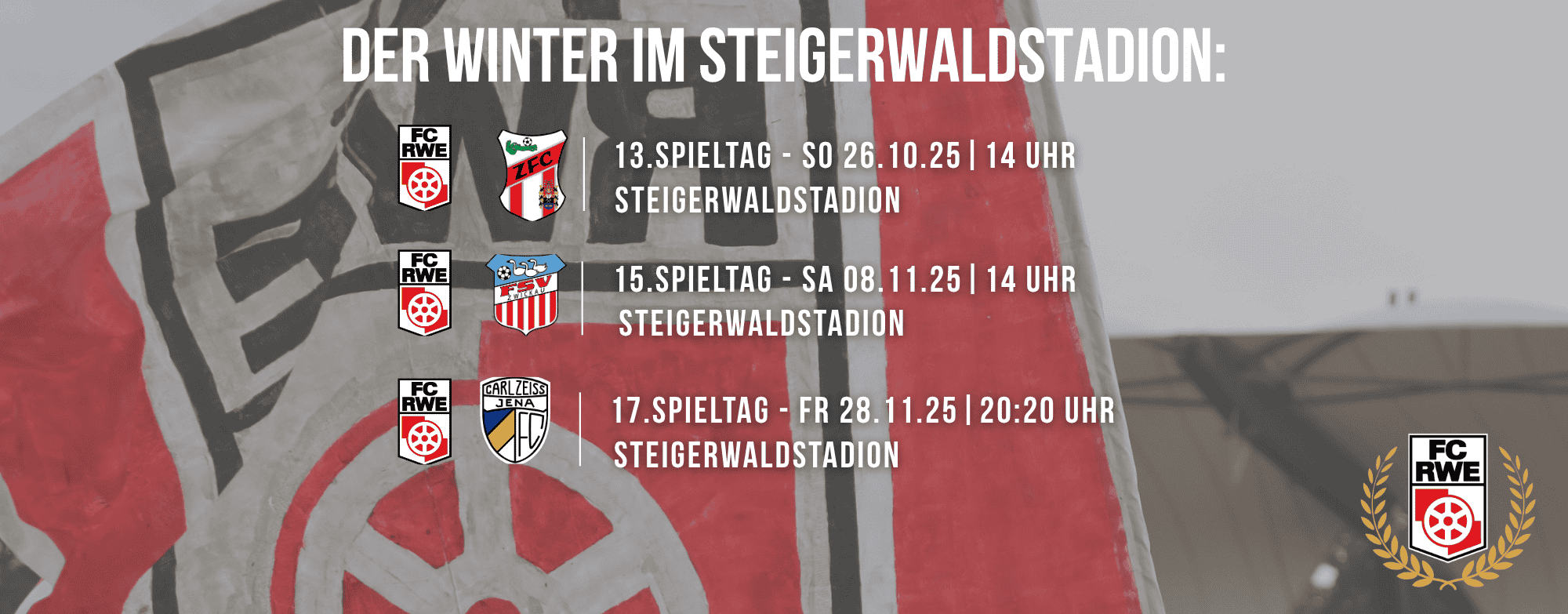 Webseiten Banner mit Ankündigungen der Spieltage des FC Rot-Weiß Erfurt im Winter im Steigerwaldstadion Erfurt. Darunter befindet sich der Link zum Ticketshop.