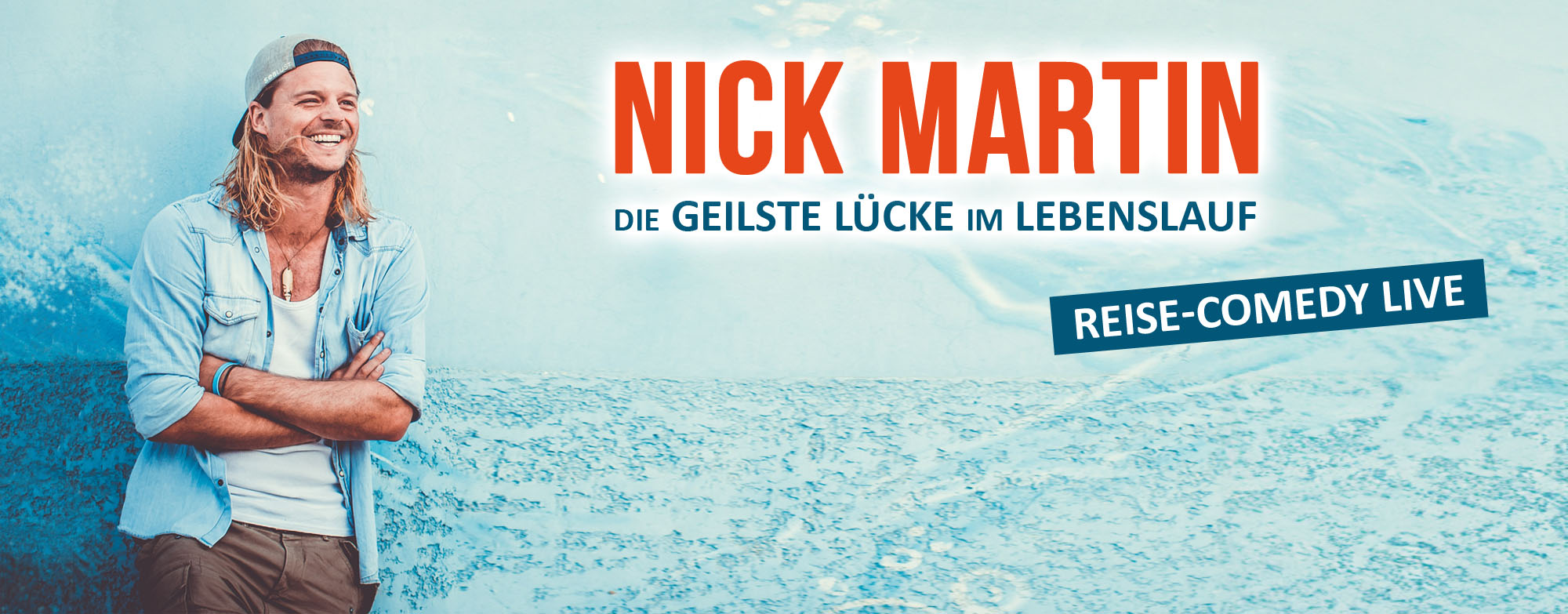 Webseiten Banner mit  Veranstaltung Ankündigung der Lesung von Nick Martin Anführungszeichen zum Buch „die Geilste Lücke im Lebenslauf“  am 28. September 2025 im Parksaal. Darunter befindet sich der Link zum Kauf von Tickets.